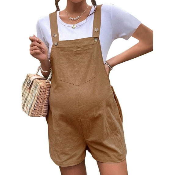 Women'S Summer Casual Bib Short Overalls Loose Linen Jumpsuit Beach Outfits Travel Vacation Clothes Brown M