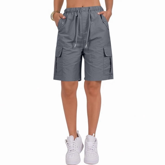 Women'S Summer Casual Cargo Shorts Elastic Waist Drawstring Hiking Bermuda Shorts with Pockets Dark Gray L