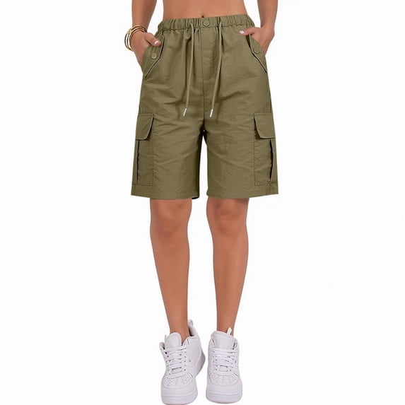 Women'S Summer Casual Cargo Shorts Elastic Waist Drawstring Hiking Bermuda Shorts with Pockets Olive Color M