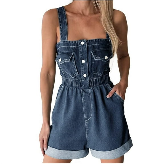 Denim Bib Cuffed Hem Summer Casual Overall Shorts Women's