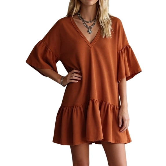 Women'S Summer Casual Dress, V-Neck Ruffle Sleeve Tiered for Mini Dress, Soft Comfy Fabric Coral Color S