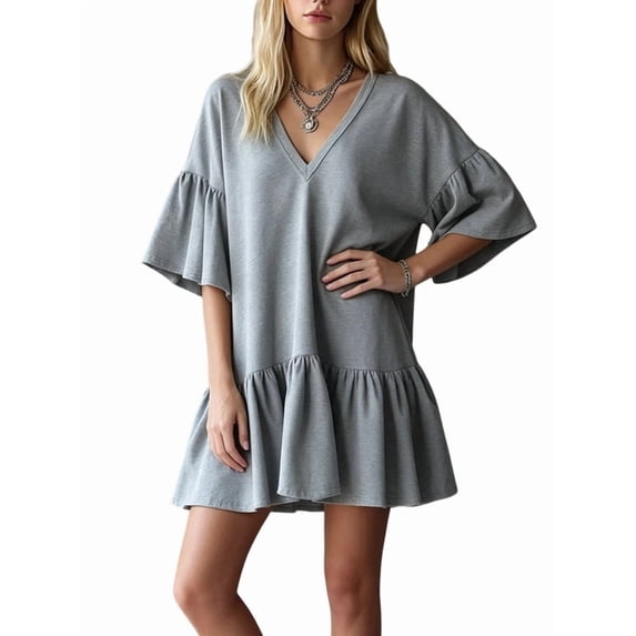 Women'S Summer Casual Dress, V-Neck Ruffle Sleeve Tiered for Mini Dress, Soft Comfy Fabric Gray L