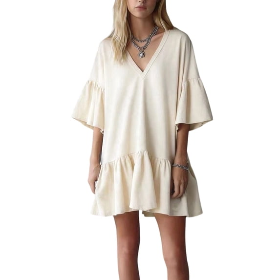 Women'S Summer Casual Dress, V-Neck Ruffle Sleeve Tiered for Mini Dress, Soft Comfy Fabric White M