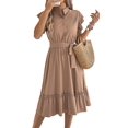 thumbnail image 1 of Women'S Summer Casual Dresses Cap Ruffle Sleeve Button Belted Midi Dress Khaki M, 1 of 9