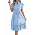 thumbnail image 1 of Women'S Summer Casual Dresses Cap Ruffle Sleeve Button Belted Midi Dress Light Blue M, 1 of 9