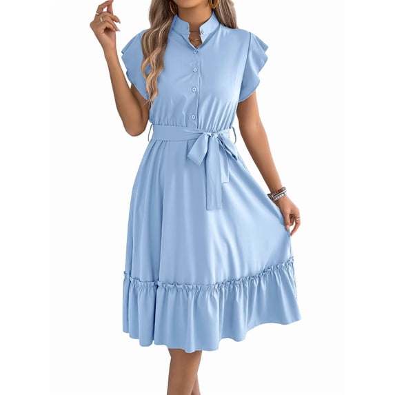 Women'S Summer Casual Dresses Cap Ruffle Sleeve Button Belted Midi Dress Light Blue M