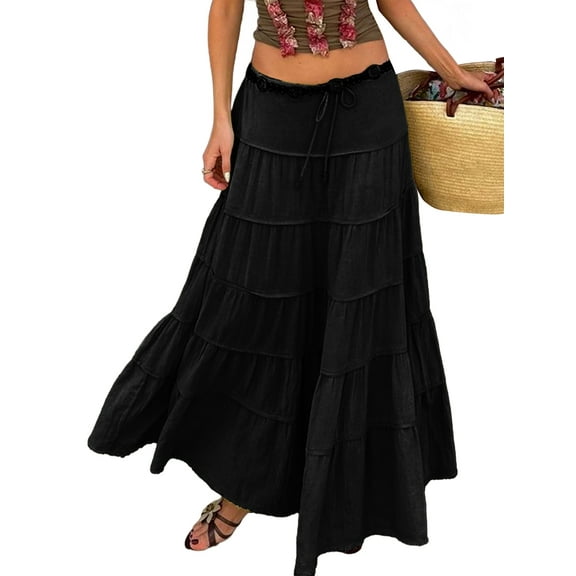 Women'S Summer Casual Elegant Smock Layered Tiered Maxi Skirt High Waisted A Line Flowy Long Skirts Black S
