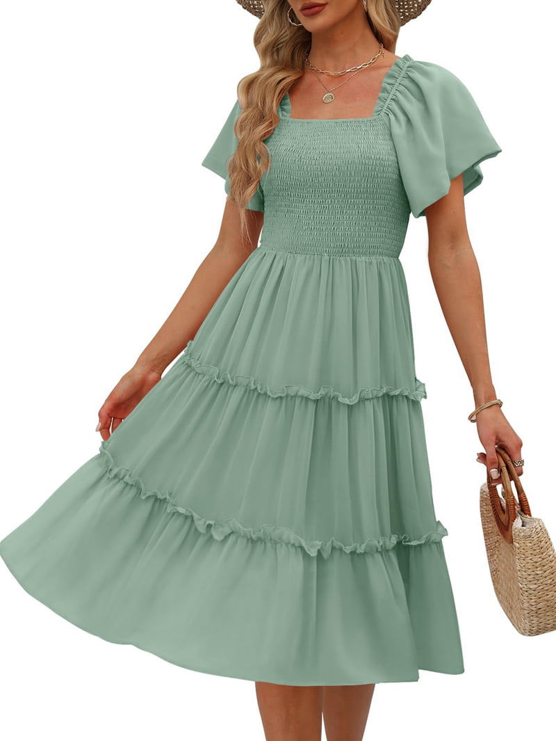 Women'S Summer Casual Flutter Sleeve Square Neck Smocked Midi Dress Green M