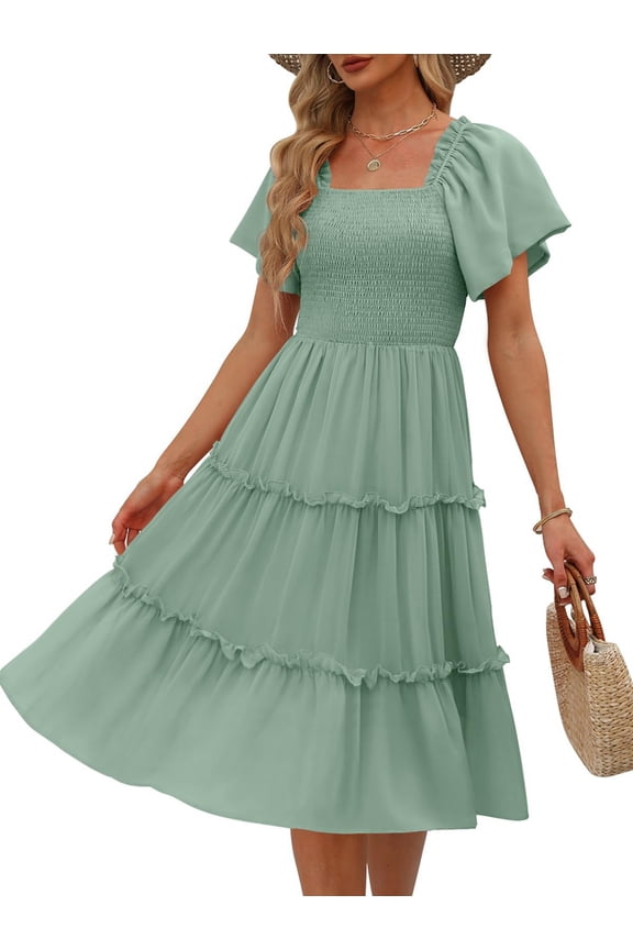 Women'S Summer Casual Flutter Sleeve Square Neck Smocked Midi Dress Green S
