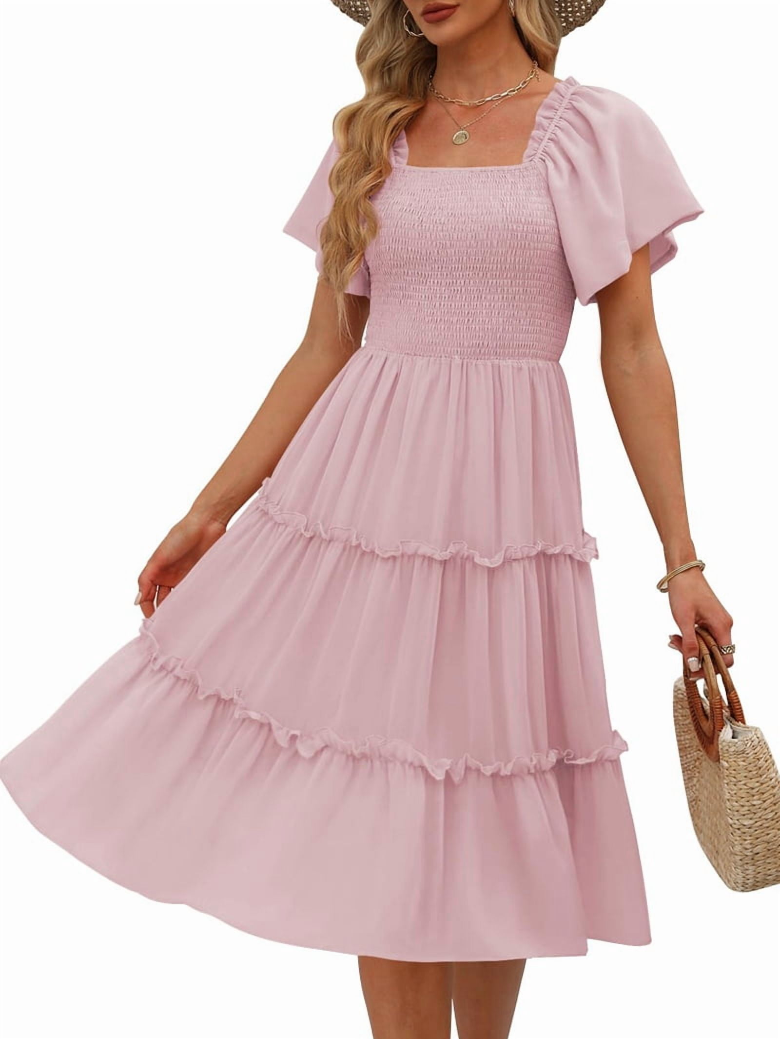 Women'S Summer Casual Flutter Sleeve Square Neck Smocked Midi Dress Pale Pinkish Gray M