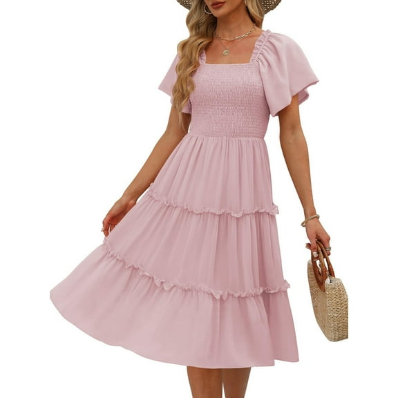 Women'S Summer Casual Flutter Sleeve Square Neck Smocked Midi Dress Pale Pinkish Gray S