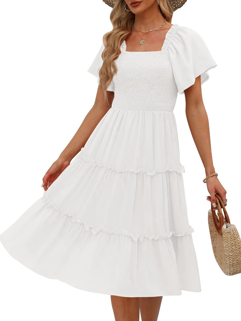 Women'S Summer Casual Flutter Sleeve Square Neck Smocked Midi Dress White XL