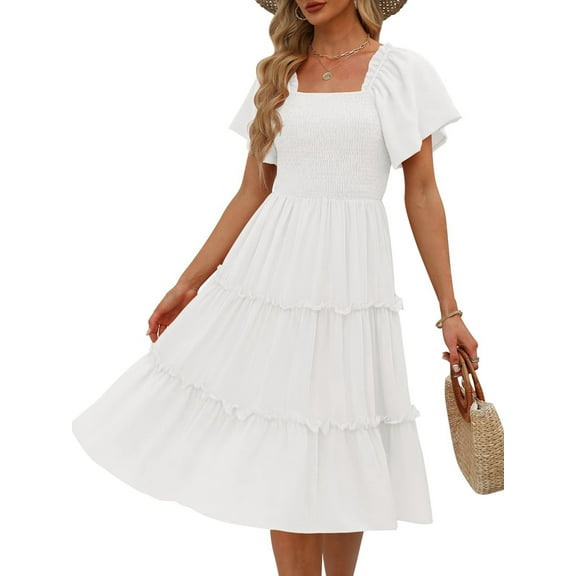 Women'S Summer Casual Flutter Sleeve Square Neck Smocked Midi Dress White XL
