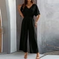 thumbnail image 1 of Women'S Summer Casual Jumpsuit Short Sleeve Romper V Neck Wide Leg Pants With Pockets 2024 Black M, 1 of 6