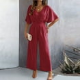 thumbnail image 1 of Women'S Summer Casual Jumpsuit Short Sleeve Romper V Neck Wide Leg Pants With Pockets 2024 Wine L, 1 of 6