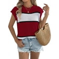 thumbnail image 1 of Women'S Summer Casual Loose Knit Sweater Color Block Stripe Round Neck Short Sleeve Vacation Top Wine Red S, 1 of 6