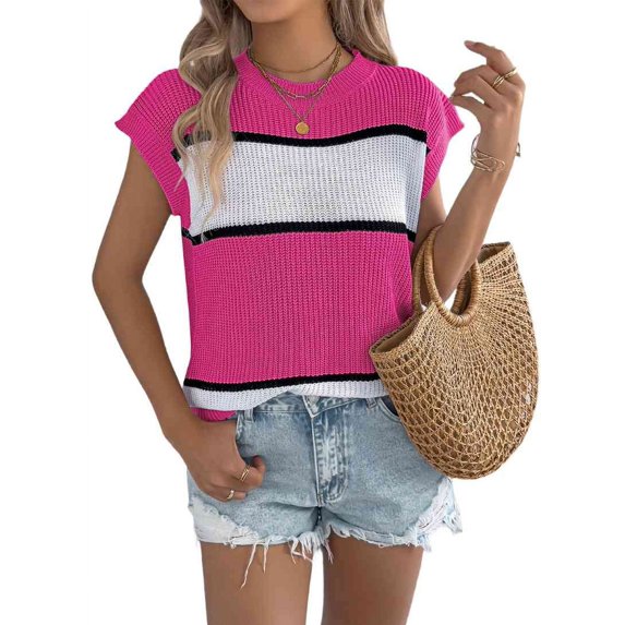 Women'S Summer Casual Loose Knit Sweater Color Block Stripe Round Neck Short Sleeve Vacation Top Rose Red XL