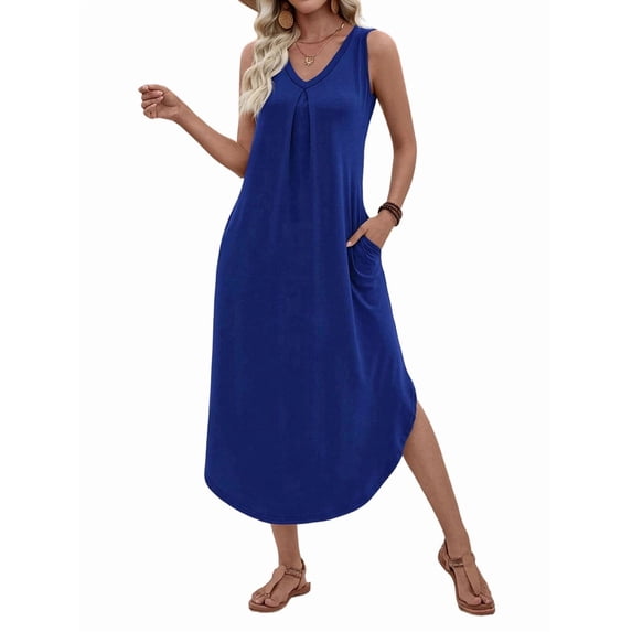 Women'S Summer Casual Loose Sundress Long Dress Sleeveless V Neck Split Tshirt Maxi Dresses Color Blue S