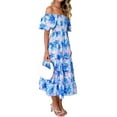 thumbnail image 1 of Women'S Summer Casual Midi Dress Puffy Short Sleeve Square Neck Smocked Tiered Ruffle Dresses  Blue Flowers XL, 1 of 5
