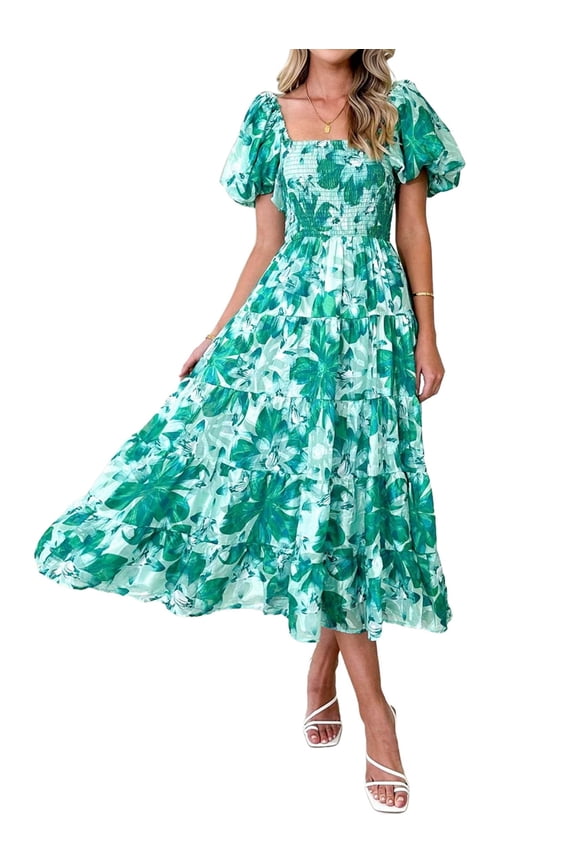 Women'S Summer Casual Midi Dress Puffy Short Sleeve Square Neck Smocked Tiered Ruffle Dresses Green Flowers XL
