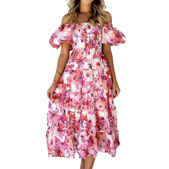 Women'S Summer Casual Midi Dress Puffy Short Sleeve Square Neck Smocked Tiered Ruffle Dresses Light Red Flowers S