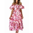 thumbnail image 1 of Women'S Summer Casual Midi Dress Puffy Short Sleeve Square Neck Smocked Tiered Ruffle Dresses Light Red Flowers S, 1 of 5