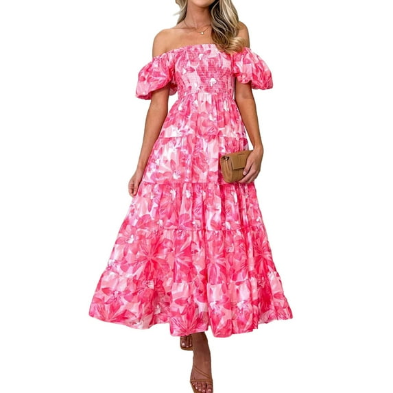 Women'S Summer Casual Midi Dress Puffy Short Sleeve Square Neck Smocked Tiered Ruffle Dresses Pink Flowers L