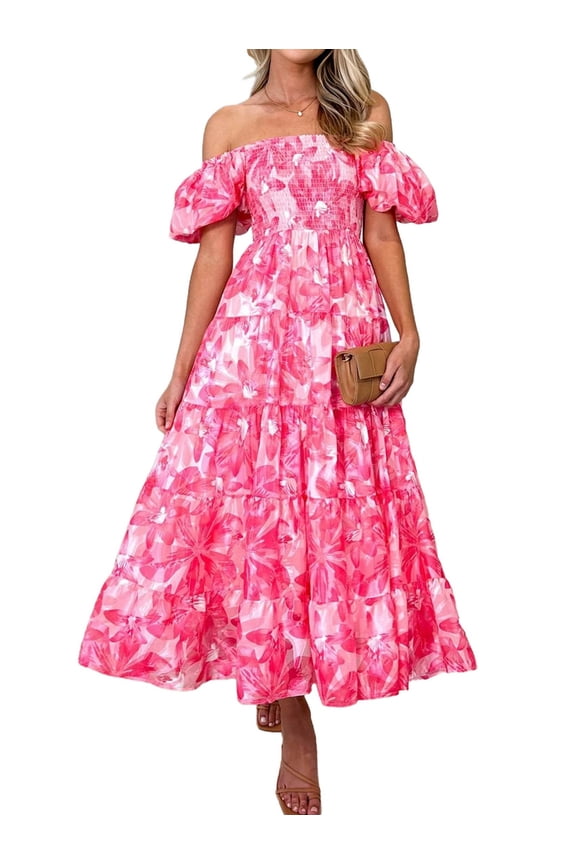 Women'S Summer Casual Midi Dress Puffy Short Sleeve Square Neck Smocked Tiered Ruffle Dresses Pink Flowers S