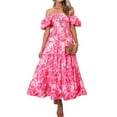 thumbnail image 1 of Women'S Summer Casual Midi Dress Puffy Short Sleeve Square Neck Smocked Tiered Ruffle Dresses Pink Flowers XL, 1 of 7