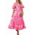 thumbnail image 1 of Women'S Summer Casual Midi Dress Puffy Short Sleeve Square Neck Smocked Tiered Ruffle Dresses Pink Flowers XL, 1 of 5