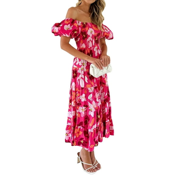 Women'S Summer Casual Midi Dress Puffy Short Sleeve Square Neck Smocked Tiered Ruffle Dresses Rose Red & Pink S
