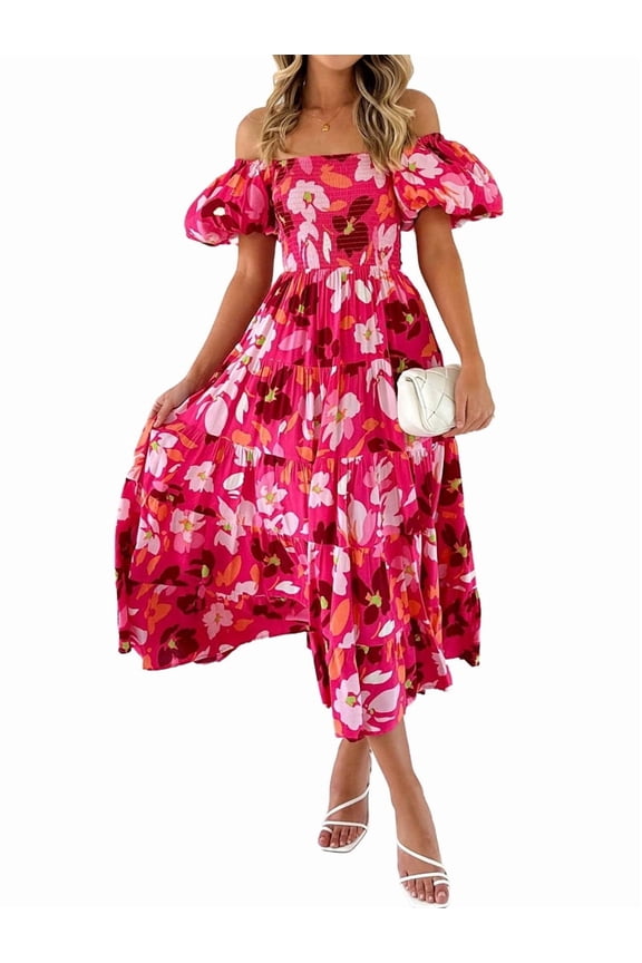 Women'S Summer Casual Midi Dress Puffy Short Sleeve Square Neck Smocked Tiered Ruffle Dresses Rose Red & Pink S