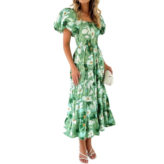 Women'S Summer Casual Midi Dress Puffy Short Sleeve Square Neck Smocked Tiered Ruffle Dresses White & Green XL