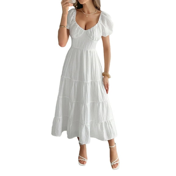 Women'S Summer Casual Midi Dress Puffy Short Sleeve V-Neck Smocked Tiered Ruffle Dresses White L