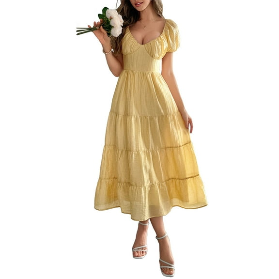 Women'S Summer Casual Midi Dress Puffy Short Sleeve V-Neck Smocked Tiered Ruffle Dresses Yellow L