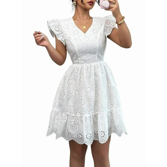 Women'S Summer Casual Short Dress V Neck Ruffle Sleeves Lace Eyelet Layered A-Line Flowy Sundress White L