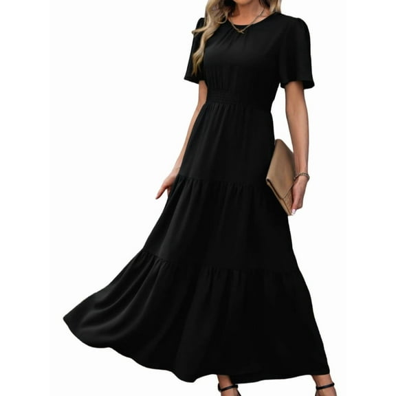 Women'S Summer Casual Short Flutter Sleeve Round Neck Smocked Waist Tiered Boho Floral Flowy Maxi Dress Black S