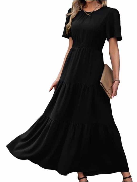 Women'S Summer Casual Short Flutter Sleeve Round Neck Smocked Waist Tiered Boho Floral Flowy Maxi Dress Black S