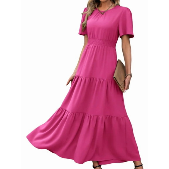 Women'S Summer Casual Short Flutter Sleeve Round Neck Smocked Waist Tiered Boho Floral Flowy Maxi Dress Rose Red XL