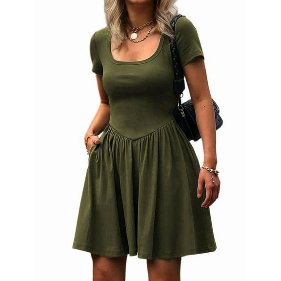 Women'S Summer Casual Short Sleeve Square Neck A Line Pleated Swing Dresses Short Dress with Pockets Army Green S