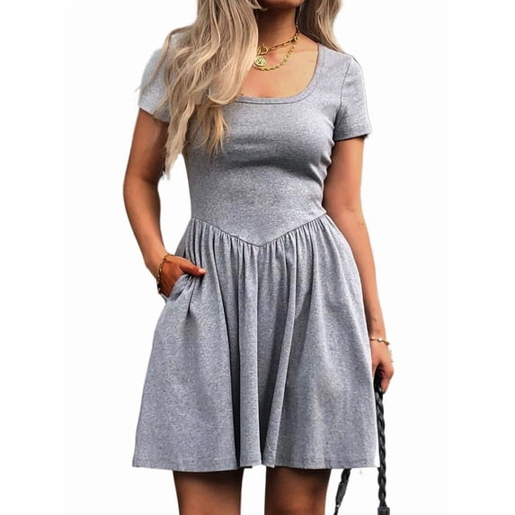 Women'S Summer Casual Short Sleeve Square Neck A Line Pleated Swing Dresses Short Dress with Pockets Grey L