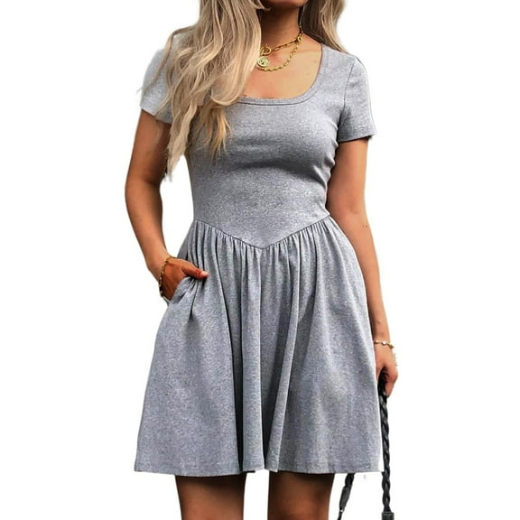 Women'S Summer Casual Short Sleeve Square Neck A Line Pleated Swing Dresses Short Dress with Pockets Grey L