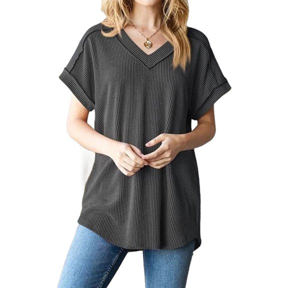 Women'S Summer Casual Short Sleeve V Neck Knit Tops Loose Fit Solid Blouses Dressy T-Shirt Dark Gray L