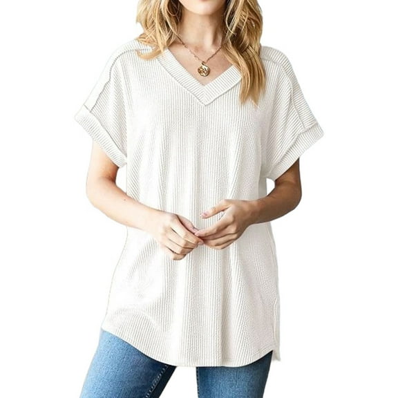 Women'S Summer Casual Short Sleeve V Neck Knit Tops Loose Fit Solid Blouses Dressy T-Shirt White L