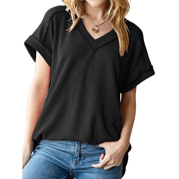 Women'S Summer Casual Short Sleeve V Neck Knit Tops Loose Fit Solid Blouses Dressy T-Shirt