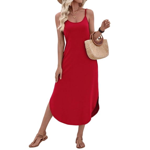 Women'S Summer Casual Sleeveless U Neck Dress Beach Cover Up Long Maxi Dresses with Pocket Red S