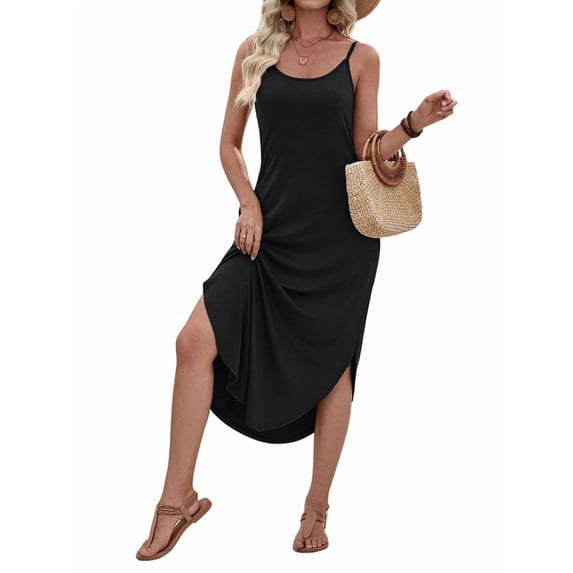 Women'S Summer Casual Sleeveless U Neck Dress Beach Cover Up Long Maxi Dresses with Pocket