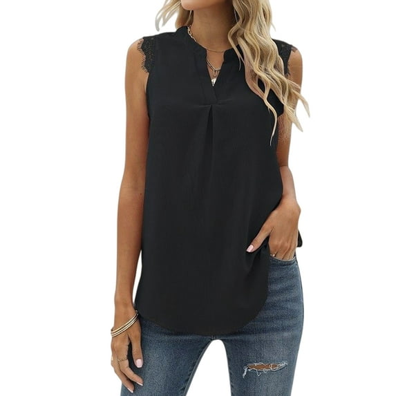 Women'S Summer Casual Sleeveless V Neck Lace Trim Tank Tops Loose Blouse Tees Black S