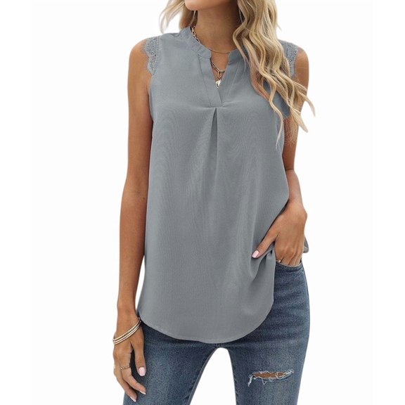 Women'S Summer Casual Sleeveless V Neck Lace Trim Tank Tops Loose Blouse Tees Gray XXL