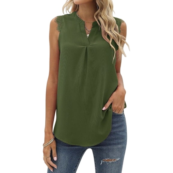Women'S Summer Casual Sleeveless V Neck Lace Trim Tank Tops Loose Blouse Tees Green M